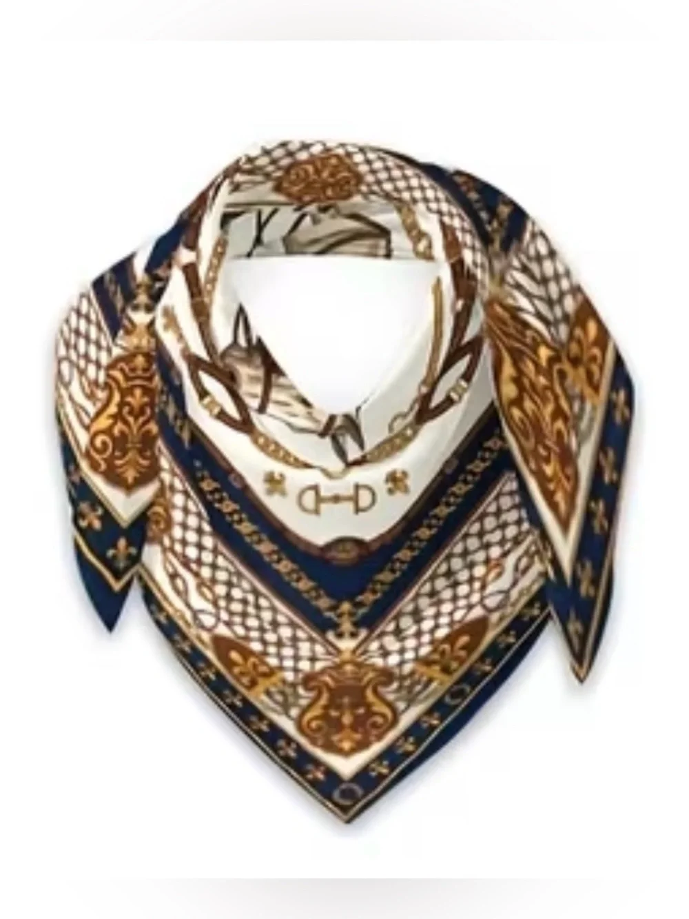 Decorative Horse-Print Scarf in Navy and Gold